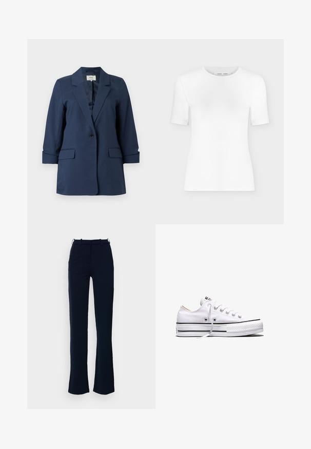 Marineblauw blazer met knoopsluiting, inkeping op de revers, klepzakken en driekwart mouwen, weergegeven op een witte achtergrond.; Wit T-shirt met korte mouwen en een ronde hals, een slanke pasvorm en geribbelde stof, weergegeven op een effen lichtgrijze achtergrond.; Marineblauwe broek met een rechte pijpdesign, gemaakt van een gladde stof, voorzien van ri loopjes en een ritssluiting aan de voorkant.; Witte lage canvas sneaker met witte veters, zwarte strepen op de zool en een rubberen, getextureerde neuskap, zijaanzicht op een witte achtergrond.
