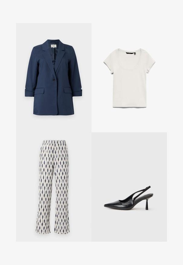 Blazer azul marino de un solo botón con solapas con muesca, bolsillos con solapa y mangas tres cuartos, mostrado sobre un fondo blanco.; Top blanco de punto acanalado de manga corta con escote redondo, etiqueta de marca negra visible dentro del cuello, colocado plano sobre fondo blanco.; Pantalones de pierna ancha en una tela crema, con un patrón repetitivo de gotas de agua en color marino. La banda elástica en la cintura y la textura suave aumentan la comodidad.; Zapato de tacón alto negro de cuero con puntera afilada y tacón delgado sobre un fondo blanco.