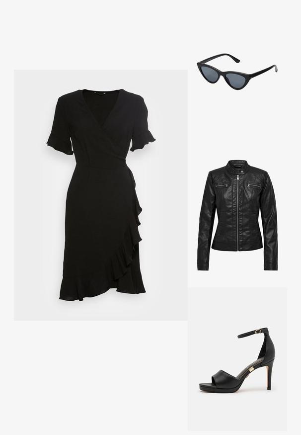 Sort læderjakke med ståkrave, lynlåslukning foran og to brystlommer med lynlås. Har strukturerede sømme og en tætsiddende silhuet.; ONLY ONLMETTE WRAP FRILL DRESS - Hverdagskjole - black; Sorte læder højhælede sandaler med åben tå og ankelrem. Har en glat finish, et guldfarvet accenter nær hælen og et buet design.; Sorte katteøje solbriller med mørkegrå linser, slankt plastisk stel, spidse hjørner og lige stænger. Ingen synlig hardware eller dekorationer.