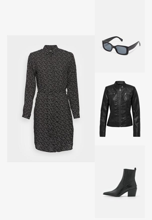 Zwarte leren jas met een staande kraag, rits aan de voorkant en twee borstzakken met rits. Heeft gestructureerde naden en een slim-fit silhouet.; Zwarte jurk met een witte stippenpatroon, lange mouwen, knoopsluiting en een getailleerde taille. Glad stof met een kraag.; RAID ROCCO - Cowboy-/Bikerlaarsjes - black; Zwarte rechthoekige zonnebril met donkere getinte lenzen, een dik plastic montuur en brede scharnieren. Glad oppervlak en hoekig ontwerp.