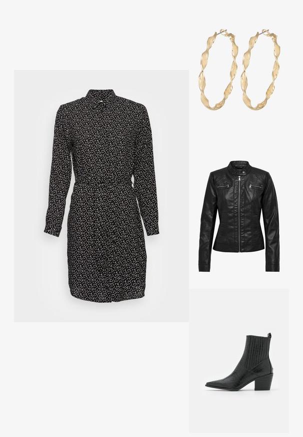 Zwarte leren jas met een staande kraag, rits aan de voorkant en twee borstzakken met rits. Heeft gestructureerde naden en een slim-fit silhouet.; Zwarte jurk met een witte stippenpatroon, lange mouwen, knoopsluiting en een getailleerde taille. Glad stof met een kraag.; RAID ROCCO - Cowboy-/Bikerlaarsjes - black; Gouden gedraaide creolen met een gestructureerd oppervlak en een veilige sluiting. Het ontwerp heeft draaipunten die diepte creëren.