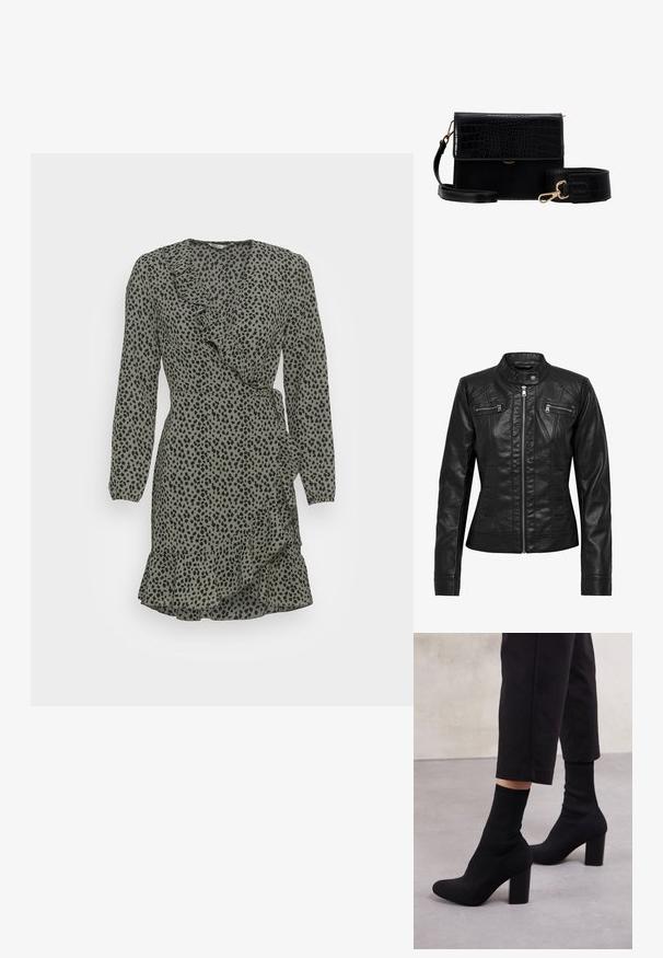 Veste en cuir noire avec col montant, fermeture éclair à l'avant et deux poches zippées sur la poitrine. Caractéristiques : coutures structurées et silhouette ajustée.; ONLY ONLCARLY L/S SHORT NOOS WVN - Robe de jour - granite green; Bottines à talons noires avec un dessus en ribbed comme une chaussette, surface lisse, bout rond et un talon carré pour plus de stabilité.; Sac bandouillère en imitation cuir noir avec une texture crocodile, quincaillerie dorée et une sangle amovible. Il possède une fermeture à rabat et un compartiment intérieur.