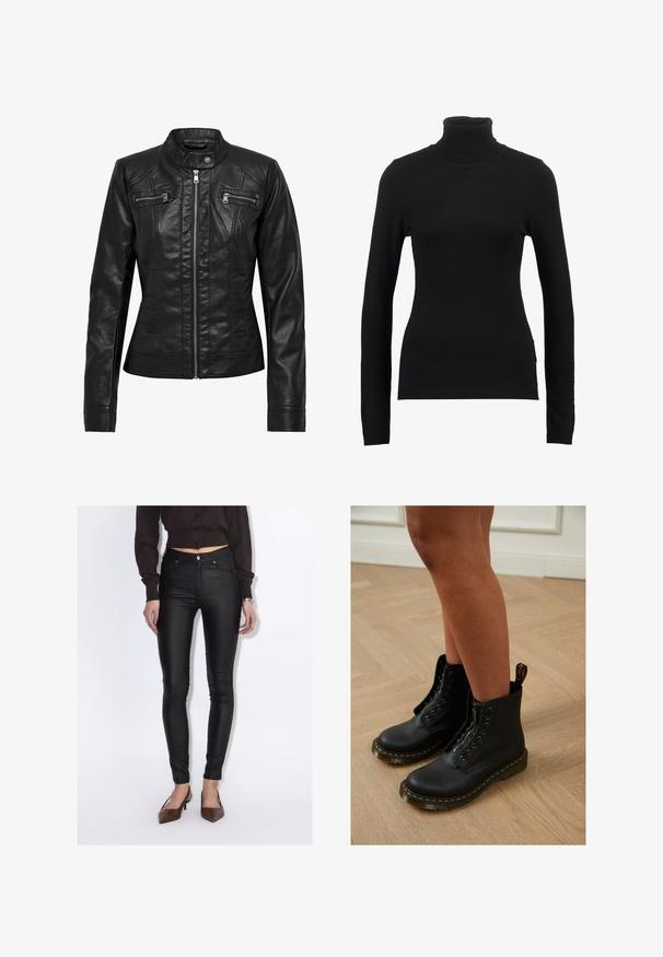 Zwarte leren jas met een staande kraag, rits aan de voorkant en twee borstzakken met rits. Heeft gestructureerde naden en een slim-fit silhouet.; Zwarte coltrui gemaakt van zachte stof, met lange mouwen en een aansluitende snit. Eenvoudig ontwerp zonder zichtbare patronen of versieringen.; Vrouw draagt zwarte hoge taille skinny broek, een cropped donkerbruin overhemd met knopen en bruine puntige hakken.; Zwarte leren enkelboots met een ritssluiting en veters, gekenmerkt door gele stiksels en een dikke, gestructureerde zool.