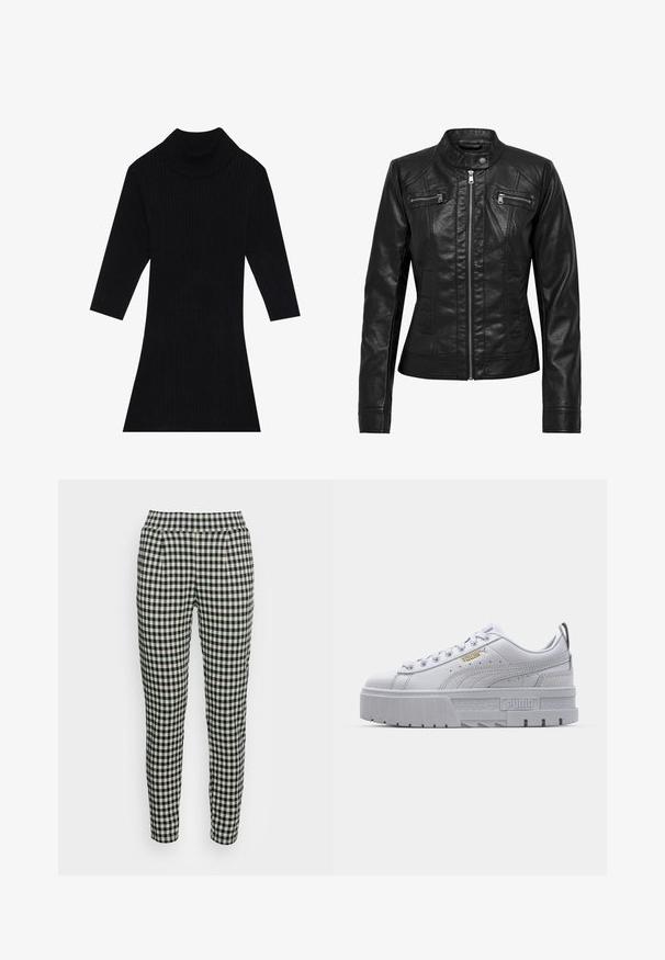 Veste en cuir noire avec col montant, fermeture éclair à l'avant et deux poches zippées sur la poitrine. Caractéristiques : coutures structurées et silhouette ajustée.; Robe en tricot côtelé noir avec un col montant et des manches trois-quarts, présentant une silhouette ajustée qui s'évase au niveau de l'ourlet.; ICHI IHKATE - Pantalon classique - black; Baskets plateformes blanches avec une tige en cuir lisse, un col rembourré, une semelle en caoutchouc grise et des accents dorés arborant le logo Puma.