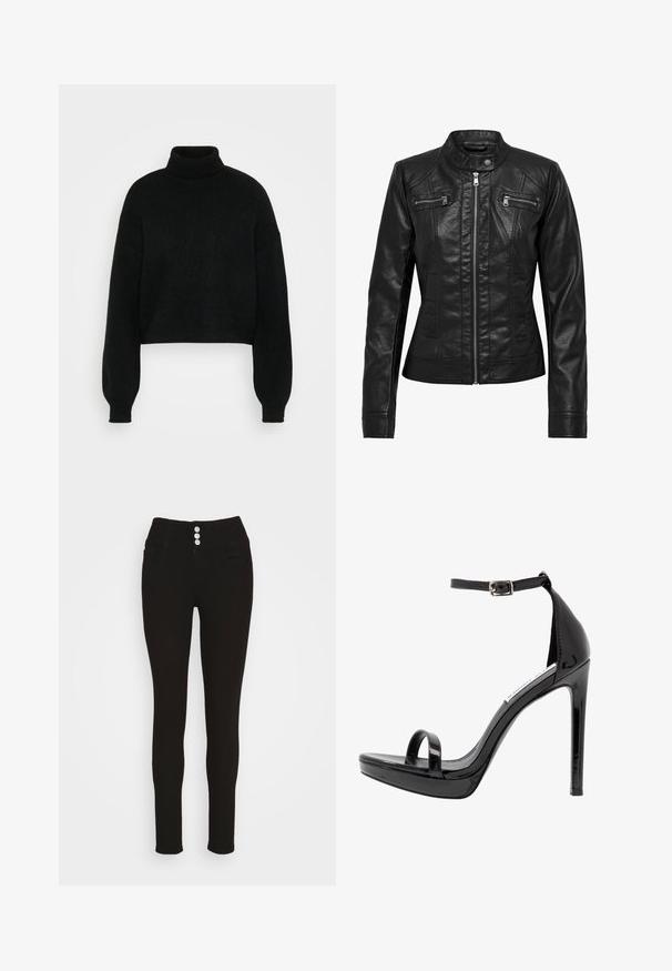 Sort læderjakke med ståkrave, lynlåslukning foran og to brystlommer med lynlås. Har strukturerede sømme og en tætsiddende silhuet.; Sort cropped sweater med høj krave, ribbet tekstur og brede ærmer. Lavet af blødt strikmateriale. Simpelt design uden mønstre.; Vero Moda VMDONNA - Jeans Skinny Fit - black; Steve Madden MILANO - Højhælede sandaletter / Højhælede sandaler - black