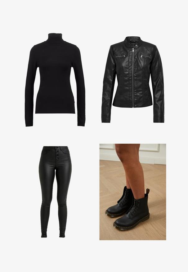 Sort læderjakke med ståkrave, lynlåslukning foran og to brystlommer med lynlås. Har strukturerede sømme og en tætsiddende silhuet.; Sort turtleneck sweater lavet af blød stof, med lange ærmer og en tætsiddende silhuet. Enkel design uden synlige mønstre eller dekorationer.; ONLY Tall ONLROYAL BUTTON - Bukser - black; Sorte læder ankelstøvler med lynlås og snøredesign, der har gule stikninger og en tyk, struktureret sål.