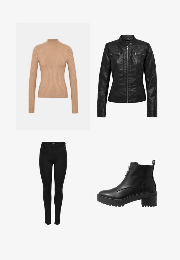 Veste en cuir noire avec col montant, fermeture éclair à l'avant et deux poches zippées sur la poitrine. Caractéristiques : coutures structurées et silhouette ajustée.; Pull à col roulé beige à côtes, avec des manches longues, un design cintré, une texture douce et un col haut.; Jeans skinny noirs en denim, dotés d'un design classique à cinq poches, d'une fermeture éclair et d'une texture lisse avec des détails de couture minimaux.; Bottine en cuir noir avec fermeture zippée sur le côté, talon large noir et semelle texturée pour une meilleure adhérence. Fini lisse avec des accents minimalistes.