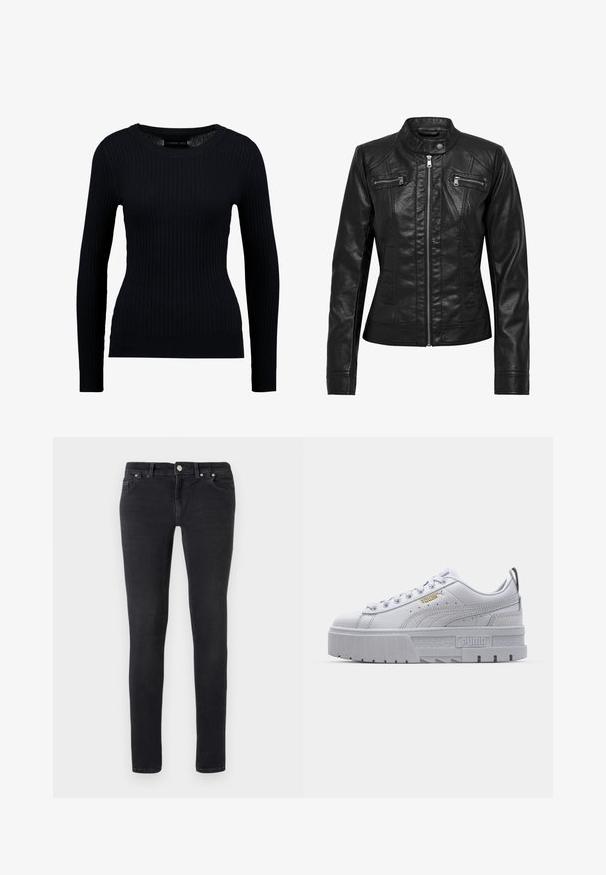 Veste en cuir noire avec col montant, fermeture éclair à l'avant et deux poches zippées sur la poitrine. Caractéristiques : coutures structurées et silhouette ajustée.; Pull noir à manches longues côtelé avec un col rond et une silhouette ajustée. La texture est lisse avec un léger étirement partout.; Jean noir slim avec design à cinq poches, fermeture à bouton et passants de ceinture, posé à plat sur un fond blanc uni.; Baskets plateformes blanches avec une tige en cuir lisse, un col rembourré, une semelle en caoutchouc grise et des accents dorés arborant le logo Puma.
