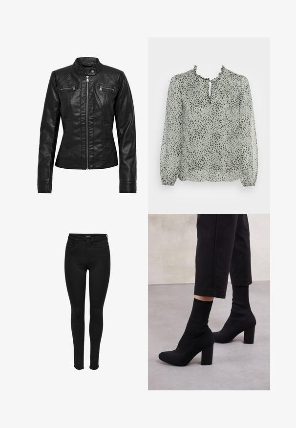 Čierna kožená bunda so stojatým golierom, zipsom vpredu a dvomi vreckami na hrudi so zipsom. Obsahuje štruktúrované švy a priliehavú siluetu.; ONLY ONLDITSY BLOUSE - Blúzka - seagrass aop/dot leo; Čierne úzke džínsy vyrobené z denimu, s klasickým dizajnom piatich vreciek, zipsom a hladkým povrchom s minimálnymi švovými detailami.; Čierne členkové topánky na podpätku s rebrovanou ponožkovou časťou, hladkým povrchom, zaoblenou špičkou a blokovým podpätkom pre stabilitu.