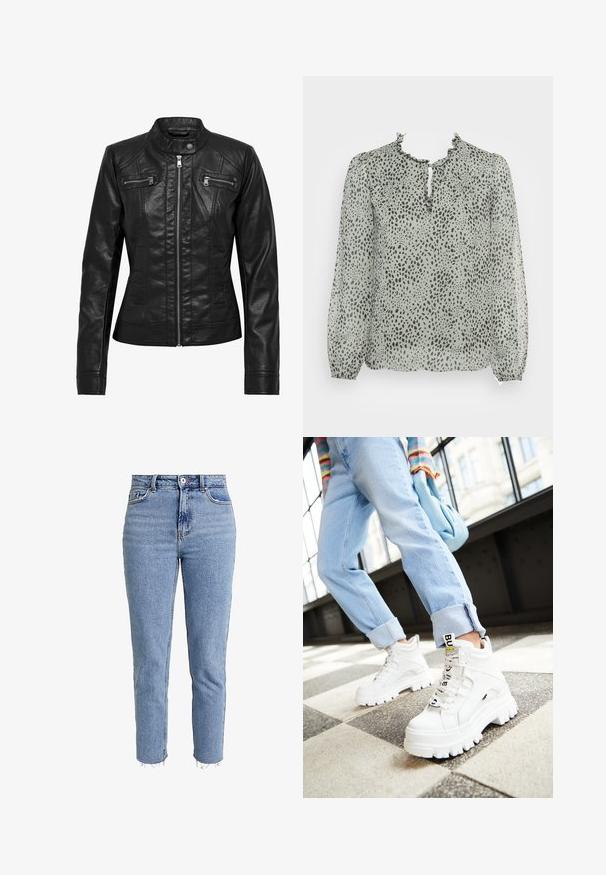 Sort læderjakke med ståkrave, lynlåslukning foran og to brystlommer med lynlås. Har strukturerede sømme og en tætsiddende silhuet.; ONLY ONLDITSY BLOUSE - Bluse - seagrass aop/dot leo; Lysblå højtaljede jeans lavet af denim, med lige ben, raslede nederkant og minimalistisk design uden udsmykninger.; Hvide klodsede sneakers med tykke såler, snørebånd foran og mærkeflag. Båret med lyseblå jeans med opsmøg på et mønstret gulv.