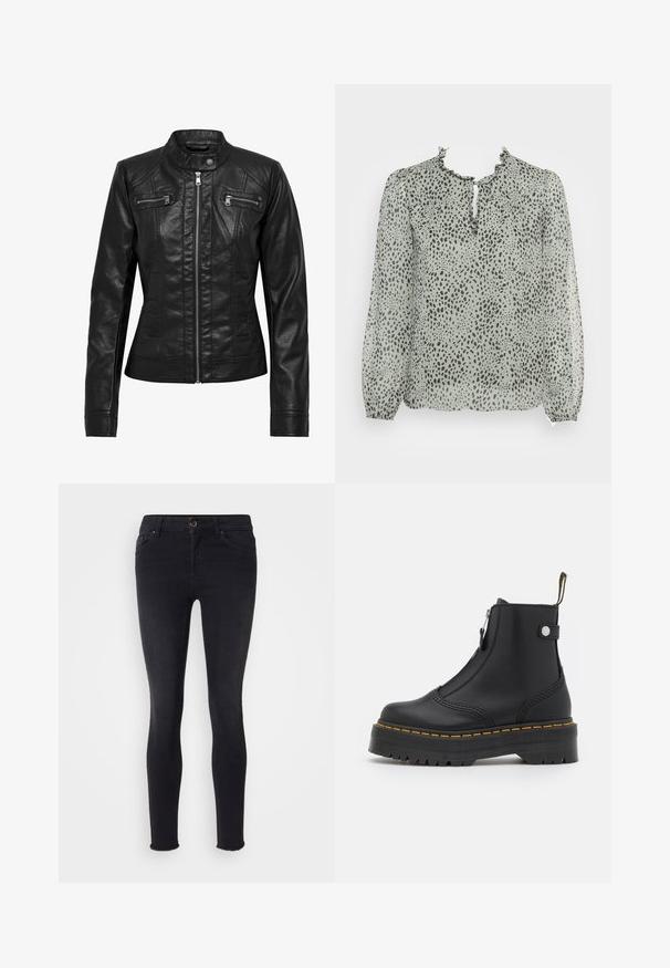 Sort læderjakke med ståkrave, lynlåslukning foran og to brystlommer med lynlås. Har strukturerede sømme og en tætsiddende silhuet.; ONLY ONLDITSY BLOUSE - Bluse - seagrass aop/dot leo; Sorte skinny jeans i denim-materiale med en mellemhøj talje, frontlommer og en rå kant ved anklerne. Klassisk fem-lomme design.; Sort ankelstøvle lavet af glat læder, med en lynlås i siden, gul syning og en tyk, rillet gummisål.