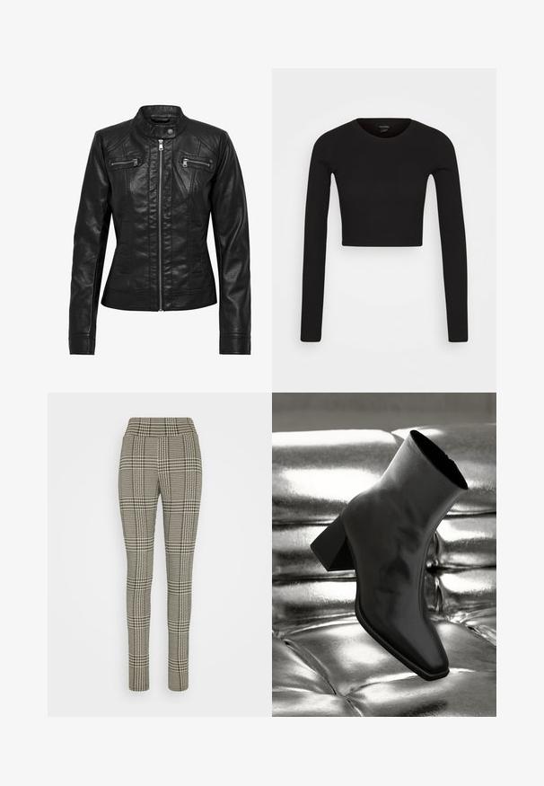 Black leather jacket with a stand collar, zippered front, and two chest zipper pockets. Features structured seams and a fitted silhouette.; Monki Long sleeved top - black dark; ONLY ONLZIGA LEGGINGS - Leggings - Trousers - black; Black ankle boot made of glossy material with a square toe and tapered heel, set against a shiny silver tufted background.