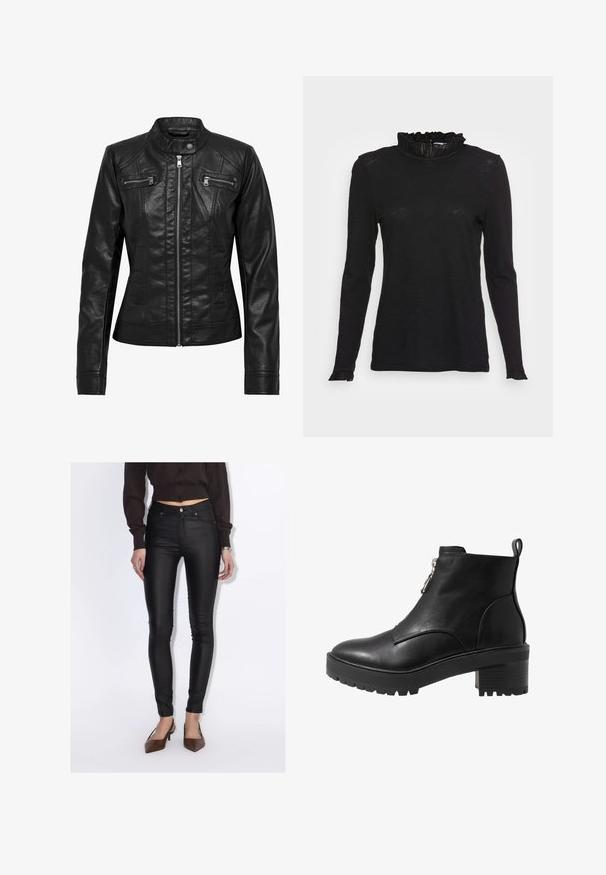 Schwarze Lederjacke mit Stehkragen, Reißverschluss vorne und zwei Brusttaschen mit Reißverschluss. Verfügt über strukturierte Nähte und eine taillierte Silhouette.; Schwarzes Langarmshirt mit hohem Rüschenausschnitt und leicht ausgestellt Bündchen, aus einem weichen, strukturierten Stoff mit einer figurbetonten Passform.; Frau trägt schwarze, hoch taillierte Skinny-Hosen, ein kurz geschnittenes dunkelbraunes Hemd mit Knöpfen und braune spitze Schuhe mit Absatz.; Schwarze Leder-Ankle-Boots mit einem seitlichen Reißverschluss, robustem schwarzen Absatz und strukturiertem Sohlen für besseren Halt. Glatte Oberfläche mit minimalen Akzenten.