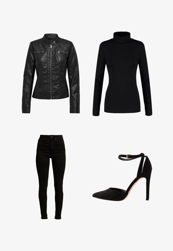 Veste en cuir noire avec col montant, fermeture éclair à l'avant et deux poches zippées sur la poitrine. Caractéristiques : coutures structurées et silhouette ajustée.; Haut à col roulé noir à manches longues, fabriqué en tissu doux et extensible, avec une coupe ajustée et un col haut. Pas de motifs ni d'ornements.; Jeans skinny noirs taille haute en denim légèrement extensible, avec une fermeture éclair, un bouton unique et un design à cinq poches.; Escarpins en suède noir avec un bout pointu, une bride à la cheville et un talon aiguille. Le design présente une texture lisse avec un minimalisme dans les détails.