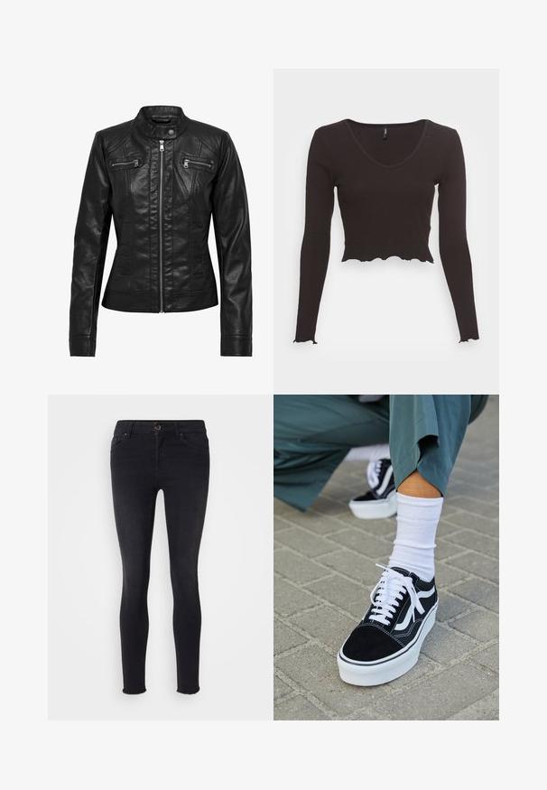 Zwarte leren jas met een staande kraag, rits aan de voorkant en twee borstzakken met rits. Heeft gestructureerde naden en een slim-fit silhouet.; Zwarte cropped lang mouw top van ribstof, met een V-hals en een golvende zoom langs de onderkant en de mouwen.; Zwarte skinny jeans van denimmateriaal, met een middelhoge taille, voorzakken en een rafelrand bij de enkels. Klassiek vijf-zakken ontwerp.; Zwarte suède sneaker met witte accenten en veters, uitgerust met een dikke witte zool en contrasterende stiksels, gecombineerd met een witte sok.