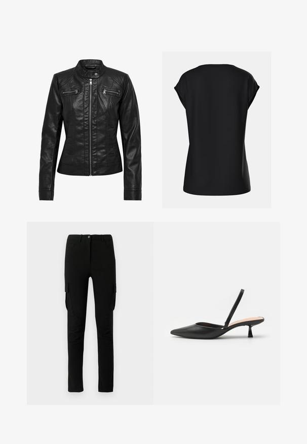Zwarte leren jas met een staande kraag, rits aan de voorkant en twee borstzakken met rits. Heeft gestructureerde naden en een slim-fit silhouet.; Zwarte top met korte mouwen, een ontspannen pasvorm, ronde hals en een gladde textuur, met subtiele schoudernaden. Achteraanzicht weergegeven.; Zwarte cargobroek met een slim fit, voorzien van zijzakken, een knoopsluiting en een gladde, licht gestructureerde stof.; Zwarte slingback pump met een spitse neus, een elegante matte afwerking, een lage hoekige hak en een minimalistisch ontwerp. Voorzien van een dunne enkelband.