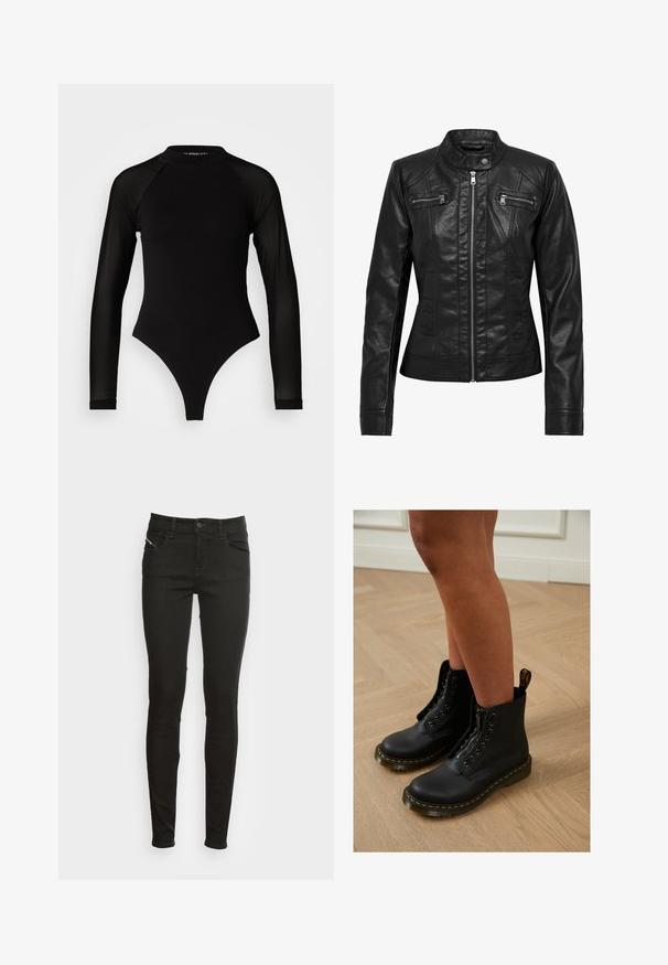 Veste en cuir noire avec col montant, fermeture éclair à l'avant et deux poches zippées sur la poitrine. Caractéristiques : coutures structurées et silhouette ajustée.; Bodysuit noir à manches longues avec col haut, doté d'un tissu solide sur le torse et de manches en maille transparente, conçu dans une coupe ajustée.; Jean skinny noir avec poches avant, passants de ceinture, fermeture à bouton et sous-pattes, présenté sur un fond blanc.; Bottines en cuir noir avec fermeture éclair et design à lacets, arborant des coutures jaunes et une semelle épaisse et texturée.