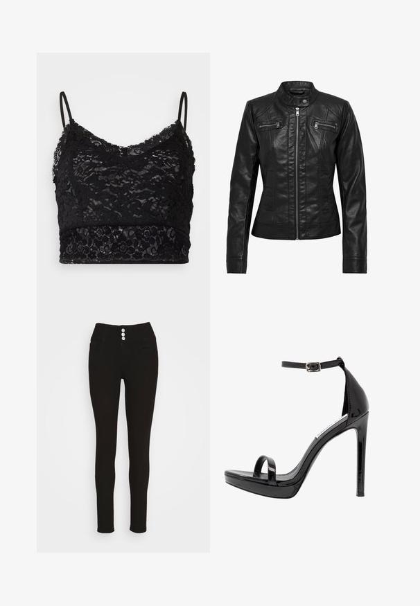 Veste en cuir noire avec col montant, fermeture éclair à l'avant et deux poches zippées sur la poitrine. Caractéristiques : coutures structurées et silhouette ajustée.; Bralette en dentelle noire avec des bretelles spaghetti réglables, un motif de dentelle florale et une bande noire unie en bas.; Vero Moda VMDONNA - Jeans Skinny - black; Steve Madden MILANO - Sandales à talons hauts - black