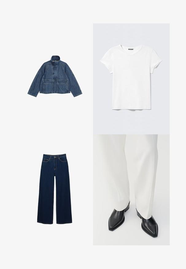 Veste en jean bleue avec col montant, manches longues, fermeture éclair avant cachée par un rabat, et deux poches avant à rabat, posée à plat sur fond blanc.; T-shirt blanc uni à manches courtes avec col en V et une petite étiquette "WEEKDAY" à l'intérieur du col, présenté sur un fond gris clair.; Jean large à jambes larges bleu foncé en denim ; doté de poches avant et d'une fermeture à bouton ; coutures apparentes le long des coutures ; sans motifs ni ornements.; Bottines noires à bout pointu en cuir lisse, avec des talons bas en bloc, associées à un pantalon large blanc. Design simple et moderne.