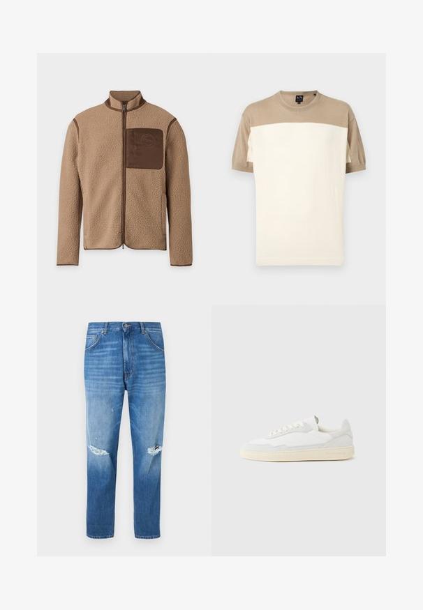 Veste polaire beige avec fermeture éclair frontale complète, passepoil marron et une poche poitrine marron avec un logo circulaire.; Pull à manches courtes et col rond avec une partie supérieure et des manches beige, et un large panneau inférieur crème, présenté sur un fond uni.; Jean en denim bleu avec bouton et fermeture éclair sur le devant, design cinq poches, et déchirures usées aux deux genoux.; Baskets blanches avec dessus en daim et cuir texturé. Caractérisées par un bout arrondi, une fermeture à lacets et une semelle en caoutchouc beige contrastante.
