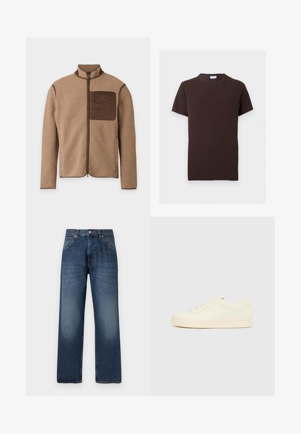 Veste polaire beige avec fermeture éclair frontale complète, passepoil marron et une poche poitrine marron avec un logo circulaire.; T-shirt uni marron foncé à manches courtes avec col rond, coupe slim et petite étiquette blanche à l'intérieur du col.; Jean droit bleu foncé avec fermeture avant à boutons et fermeture éclair, poches avant, et détails légèrement décolorés sur les cuisses.; Baskets couleur crème avec une tige en cuir lisse, bout arrondi, laçage à l'avant et semelle en caoutchouc texturée. Design minimaliste, sans logo.