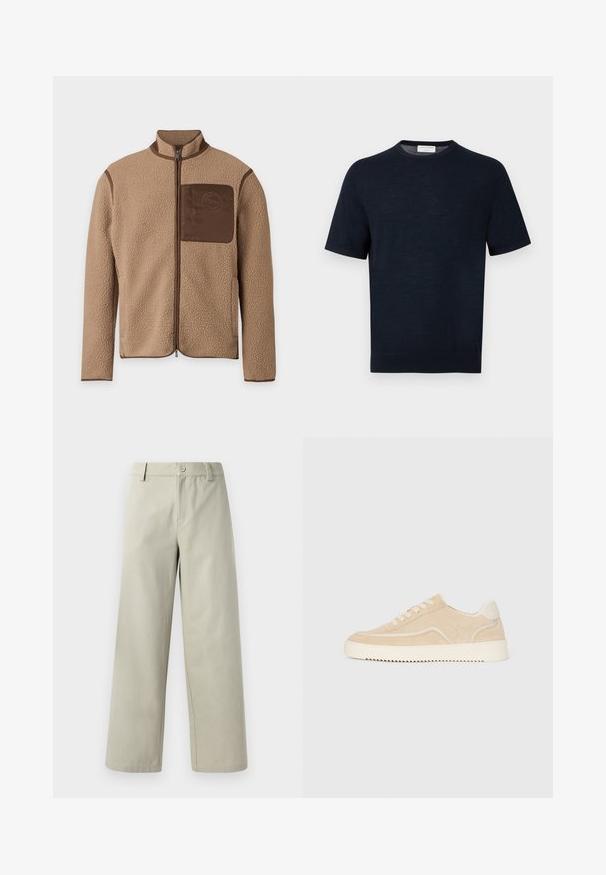 Chaqueta de forro polar beige con cremallera completa frontal, ribete marrón y un bolsillo en el pecho marrón con un logotipo circular.; Camiseta de punto azul marino de manga corta con cuello redondo, textura lisa y etiqueta en la parte posterior del cuello.; Han Kjøbenhavn WIDE LEG - Pantalones - light grey; Zapatillas de ante beige con suela y cordones blancos, diseño bajo y patrón de tracción en zigzag en la suela.