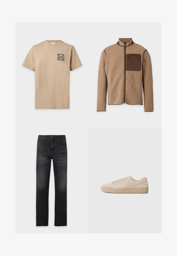 Veste polaire beige avec fermeture éclair frontale complète, passepoil marron et une poche poitrine marron avec un logo circulaire.; T-shirt beige à manches courtes et col rond avec un petit logo carré à damier et un texte sur la poitrine gauche indiquant "LES DEUX goods".; Jean noir à jambes droites avec poches avant, passants de ceinture et détails subtilement délavés sur les cuisses.; Baskets en daim beige avec un bout rond, des lacets plats et une semelle en caoutchouc texturé. Design minimaliste avec des bords lisses et des coutures discrètes.