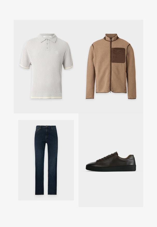 Veste polaire beige avec fermeture éclair frontale complète, passepoil marron et une poche poitrine marron avec un logo circulaire.; Polo gris clair côtelé à manches courtes avec trois boutons, col texturé et logo discret sur la poitrine.; Jean en denim bleu foncé coupe droite avec fermeture à boutons et fermeture éclair à l'avant, passants pour ceinture et poches avant sur un fond uni.; Baskets basses en cuir marron foncé avec semelle en caoutchouc noire, lacets à l'avant et design minimaliste épuré sur fond clair.