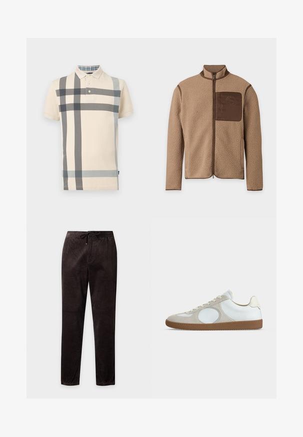 Veste polaire beige avec fermeture éclair frontale complète, passepoil marron et une poche poitrine marron avec un logo circulaire.; Polo à manches courtes beige avec un grand motif à carreaux noir et gris et un col à boutons, présenté sur un fond uni.; Pantalon en velours côtelé brun foncé avec taille élastique et cordon, coupe droite, présenté à plat sur fond blanc.; Baskets décontractées à profil bas avec tige en cuir blanc, accents en daim beige clair, bout rond, lacets blancs et semelle en gomme.