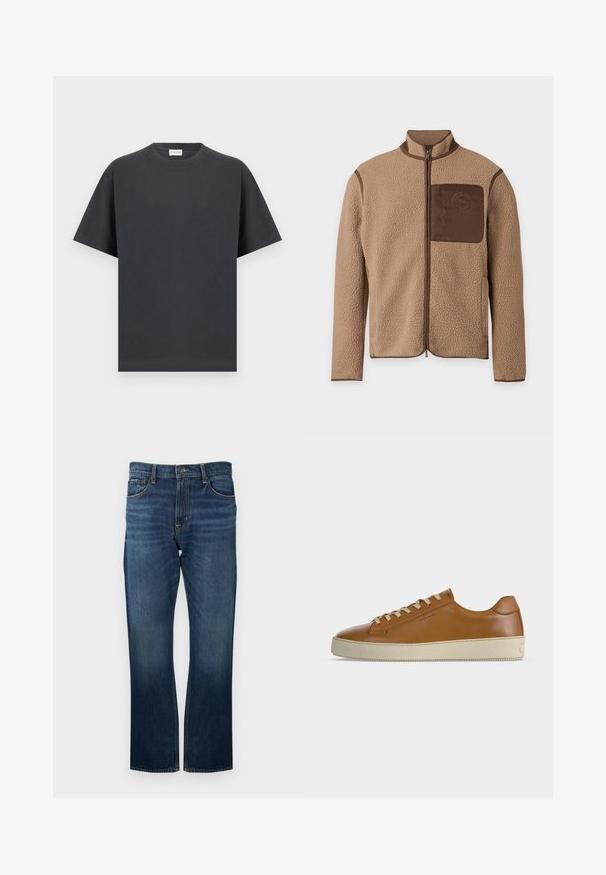 Veste polaire beige avec fermeture éclair frontale complète, passepoil marron et une poche poitrine marron avec un logo circulaire.; T-shirt noir à manches courtes avec col rond et ourlet droit, présenté à plat sur un fond gris clair.; Jean en denim bleu foncé avec une coupe droite, présentant des coutures visibles et une ceinture standard avec une fermeture à bouton en métal.; Baskets basses en cuir marron avec lacets crème et semelle épaisse en caoutchouc crème, vues de profil sur fond blanc.