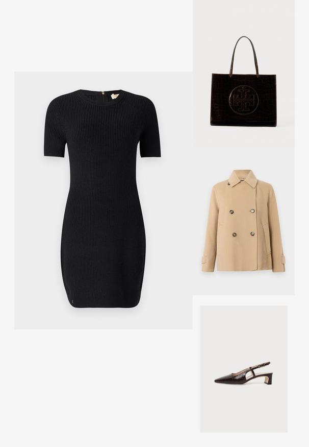 Manteau beige en laine à double boutonnage avec quatre boutons foncés, col cranté, poches latérales et bracelets de manche réglables.; Robe noire en tricot avec une texture côtelée, manches courtes et col rond. Elle possède une fermeture éclair dans le dos et a une coupe ajustée.; Escarpin slingback marron à bout pointu avec talon bloc bas, motif crocodile, découpe latérale et bride à boucle réglable, présenté sur fond blanc.; Sac tote en cuir brun foncé avec texture crocodile et un grand logo circulaire en relief à l'avant, comportant deux poignées.