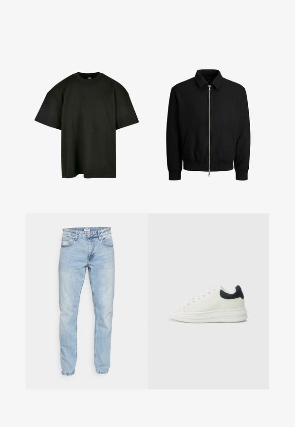 Chaqueta bomber negra en mezcla de lana, con un cierre frontal, dos bolsillos laterales y puños y dobladillo acanalados. Diseño de cuello clásico.; Camiseta negra de corte oversized en suave algodón. Presenta un cuello redondo y mangas cortas, con una textura suave y un diseño minimalista.; Jeans de mezclilla de color azul claro, con un corte recto, diseño de cinco bolsillos y un ligero desgastado en toda la prenda para un aspecto usado.; Zapatilla de cuero blanco con un detalle negro en el talón, puntera redonda, suela blanca plana y cierre de cordones. Perforaciones mínimas en los laterales.