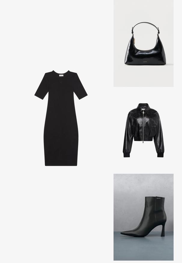 Schwarze glänzende kurze Bomberjacke mit durchgehendem Frontreißverschluss, zwei Seitentaschen, breitem Kragen sowie gerippten Bündchen und Bund.; Schwarzes, knielanges, figurbetontes Kleid mit kurzen Ärmeln und rundem Ausschnitt, mit einem kleinen Logodetail auf der Brust.; Schwarze Leder-Stiefelette mit spitzem Zehenbereich und einem geometrischen Absatz. Verfügt über dezente Branding-Elemente und eine glatte Textur. Der Hintergrund zeigt strukturierte Fliesen.; Schwarze, glänzende Calvin Klein Handtasche mit goldfarbenem Reißverschluss und kurzem Trageriemen vor schlichtem weißem Hintergrund.