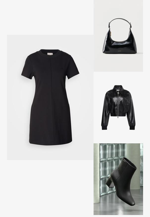 Čierna lesklá krátka bomber bunda s celým predným zipsom, dvoma bočnými vreckami, širokým golierom a rebrovanými manžetami a pásom.; Calvin Klein Jeans MILANO T SHIRT DRESS - Džersejové šaty - black; Čierna kožená členková čižma s blokovým podpätkom, logo DKNY blízko hornej časti, zobrazená na pozadí sklenenej blokovej steny a leštenej betónovej podlahy.; Čierna lesklá kabelka Calvin Klein so zlatým zipsom a krátkym remienkom na bielom pozadí.
