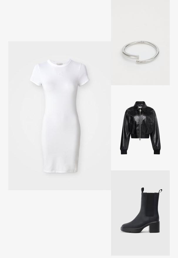 Chaqueta bomber corta negra brillante con cremallera completa en el frente, dos bolsillos laterales, cuello ancho y puños y cintura de punto elástico.; Vestido de algodón blanco con mangas cortas, forma ajustada y escote redondo. Presenta un pequeño logo bordado en el pecho.; Botín negro de tobillo hecho de un material de goma liso, con paneles laterales elásticos, tacón bloque y tiradores en la parte superior para facilitar su uso.; Calvin Klein SPIRAL - Pulsera - silver-coloured