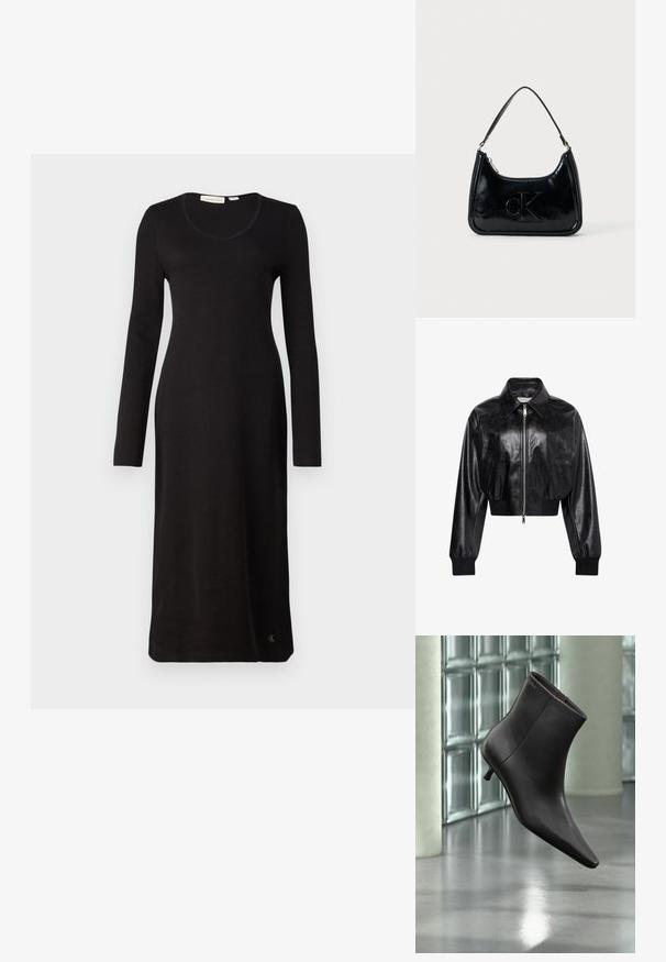 Veste bomber courte noire brillante avec fermeture éclair intégrale à l'avant, deux poches latérales, large col et poignets et ceinture côtelés.; Robe noire à manches longues côtelées avec un décolleté en scoop, coupe droite et un détail de logo à l'ourlet. Fabriquée en tissu doux et texturé.; Bottine en cuir noir avec bout pointu et petit talon, présentée devant un mur en blocs de verre et un sol poli.; Sac à main en cuir verni noir avec une anse incurvée, fermeture éclair et logo "cK" embossé sur le devant. Texture lisse, forme structurée.