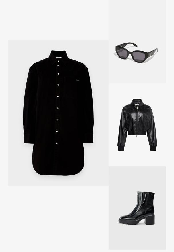 Μαύρο λαμπερό cropped bomber μπουφάν με ολόκληρο μπροστινό φερμουάρ, δύο πλαϊνές τσέπες, φαρδύ γιακά και ριμπ μανσέτες και ζώνη στη μέση.; Μαύρο πουκάμισο από βαμβάκι με κολάρο, μακριά μανίκια, κουμπιά στο μπροστινό μέρος και τσέπη στο στήθος. Διαθέτει ασημένια κουμπιά και κυρτή άκρη.; Μαύρες πατενταρισμένες δερμάτινες μπότες στον αστράγαλο με καμπυλωτή μύτη, ελαστικές πλαϊνές πινακίδες και χοντρό μπλοκ τακούνι. Διαθέτουν ανάγλυφο λογότυπο στο πίσω μέρος.; Μαύρα γυαλιά ηλίου με κομψό, γωνιακό σχέδιο, σκούρους φακούς και αντίθετο ασημί λογότυπο στο πλάι. Λείος πλαστικός υφή.