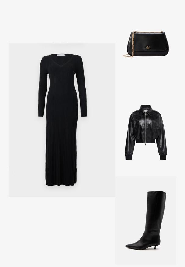 Schwarze glänzende kurze Bomberjacke mit durchgehendem Frontreißverschluss, zwei Seitentaschen, breitem Kragen sowie gerippten Bündchen und Bund.; Langärmeliges schwarzes Rippkleid mit V-Ausschnitt und figurbetonter Silhouette, das bis zu den Knöcheln reicht. Das Material zeigt eine vertikale Textur.; Schwarzer kniehoher Lederstiefel mit spitz zulaufender Schuhspitze und niedrigem Kittenabsatz vor einem schlichten hellen Hintergrund.; Schwarze Leder-Schultertasche mit goldener Kette als Trageriemen und kleinem goldenen CK-Logo auf der Vorderklappe.