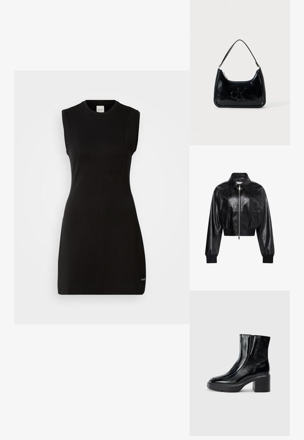 Chaqueta bomber corta negra brillante con cremallera completa en el frente, dos bolsillos laterales, cuello ancho y puños y cintura de punto elástico.; Vestido negro ajustado sin mangas de Calvin Klein con escote redondo y sutiles detalles de costura sobre un fondo blanco.; Botas de tobillo de charol negro con puntera curva, paneles laterales elásticos y un tacón ancho. Presentan un logo embosado en la parte posterior.; Bolso de mano de piel sintética negra con un asa curvada en la parte superior, cierre de cremallera y logo "cK" en relieve en el frente. Textura suave, forma estructurada.