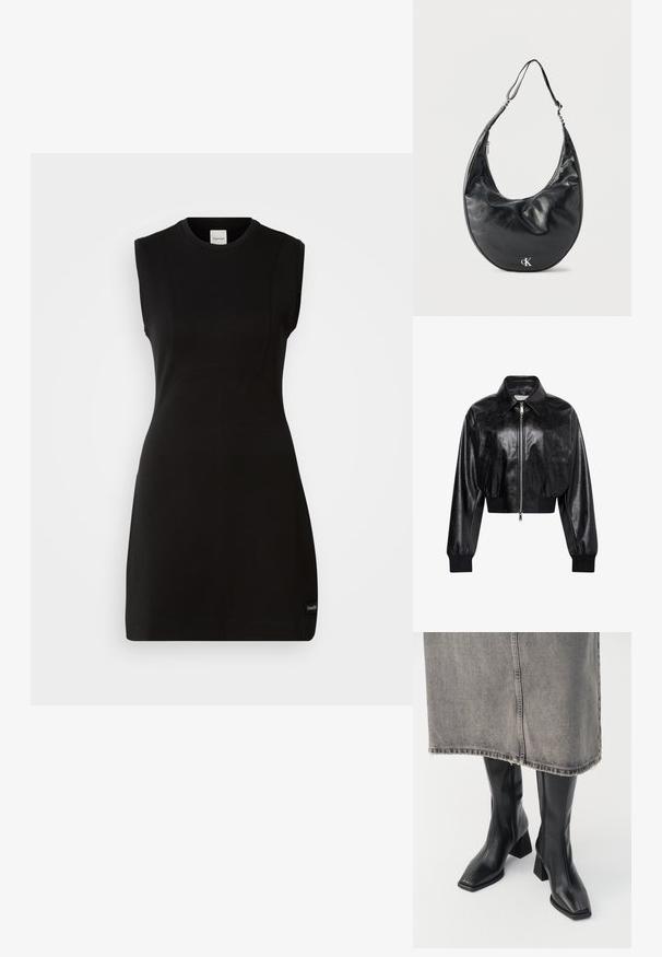 Chaqueta bomber corta negra brillante con cremallera completa en el frente, dos bolsillos laterales, cuello ancho y puños y cintura de punto elástico.; Vestido negro ajustado sin mangas de Calvin Klein con escote redondo y sutiles detalles de costura sobre un fondo blanco.; Botas negras hasta la rodilla de cuero liso con punta cuadrada y tacón cuadrado. Llevadas con una falda de mezclilla gris con dobladillo desflecado.; Bolso de cuero negro en forma de media luna con correa ajustable y logotipo plateado "cK" en el frente, sobre fondo blanco.