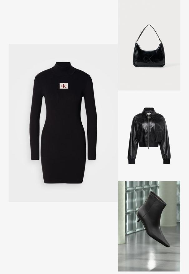 Schwarze glänzende kurze Bomberjacke mit durchgehendem Frontreißverschluss, zwei Seitentaschen, breitem Kragen sowie gerippten Bündchen und Bund.; Schwarzes, geripptes Langarmkleid mit hohem Kragen und rechteckigem Calvin Klein-Logo-Patch auf der Vorderseite. Einfaches, figurbetontes Design.; Schwarzer Leder-Knöchelstiefel mit spitzer Spitze und kleinem Absatz vor einer Wand aus Glasbausteinen und einem polierten Boden.; Schwarze Handtasche aus patentiertem Leder mit einem gebogenen oberen Griff, Reißverschluss und geprägt "cK" Logo auf der Vorderseite. Glatte Textur, strukturierte Form.
