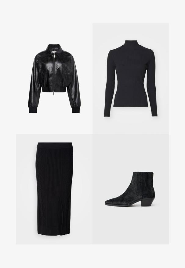 Chaqueta bomber corta negra brillante con cremallera completa en el frente, dos bolsillos laterales, cuello ancho y puños y cintura de punto elástico.; Top negro de cuello alto con costillas y mangas largas. Fabricado con una tela elástica con forma ajustada y cuello alto. Diseño simple sin adornos.; Falda midi de punto negra con textura acanalada y patrones de diamante, y una abertura lateral. Tejido suave con una cintura ajustada.; Botín negro hasta el tobillo con punta afilada, material texturizado similar al pelo, panel lateral acanalado y un tacón bajo y cuadrado. Diseño simple y moderno.