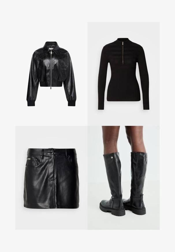 Zwart glanzend cropped bomberjack met volledige voorrits, twee zijzakken, brede kraag en geribde manchetten en tailleband.; Zwart langwerpig polo sweater met een halve rits, voorzien van horizontale streep patronen en geribbelde textuur bij de manchetten en de zoom.; Zwarte leren mini-rok met een op maat gemaakt ontwerp, voorzien van zijzakken, een knoopsluiting en een gladde textuur.; Zwarte leren kniehoge laarzen met een gladde textuur, ronde neus, stevige zool en ritssluiting. Voorzien van een zilveren logo aan de zijkant.