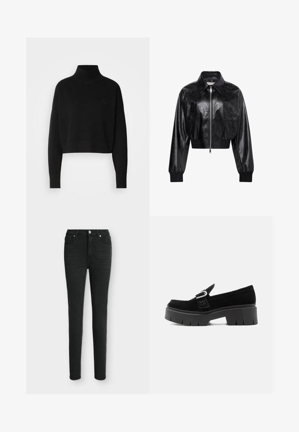 Sort skinnende cropped bomberjakke med fuld frontlynlås, to sidelommer, bred krave samt ribstrikkede ærmegab og taljebånd.; Sort cropped sweater, ribbede turtleneck, lange ærmer, strikket tekstur, med et lille logo på brystet.; Sorte high-waist skinny jeans med frontknap og lynlås, fem-lomme-design, vist mod en lys baggrund.; Sort ruskindslipper med kraftig sål, sølvspænde og præget "HUGO" på sidesnoren, vist fra ydersiden.