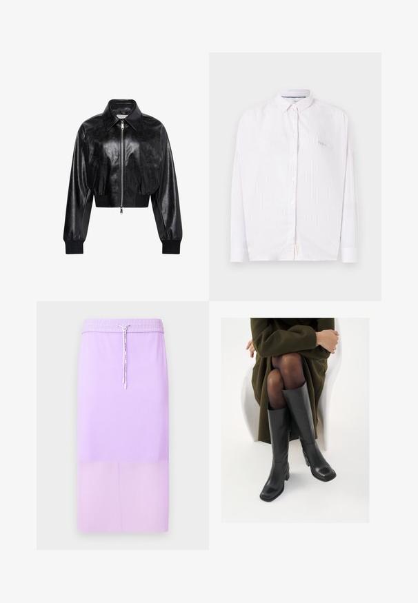Μαύρο λαμπερό cropped bomber μπουφάν με ολόκληρο μπροστινό φερμουάρ, δύο πλαϊνές τσέπες, φαρδύ γιακά και ριμπ μανσέτες και ζώνη στη μέση.; Λευκό πουκάμισο με μακριά μανίκια, διακριτικές κάθετες ρίγες και μικρό γιακά, εμφανίζεται μπροστά από απλό φόντο.; Λεβάντα καμπαρντίνα με ρίγες midi, με ελαστική μέση και ρυθμιζόμενο κορδόνι. Λείο υλικό, ευθεία γραμμή και μονόχρωμο.; Μαύρες δερμάτινες μπότες έως το γόνατο με τετράγωνη μύτη και τετράγωνο τακούνι, παρουσιασμένες με ένα μοντέλο καθιστό σε ένα ελαιόλαδο πράσινο παλτό. Λείος υφής, ελάχιστη λεπτομέρεια.