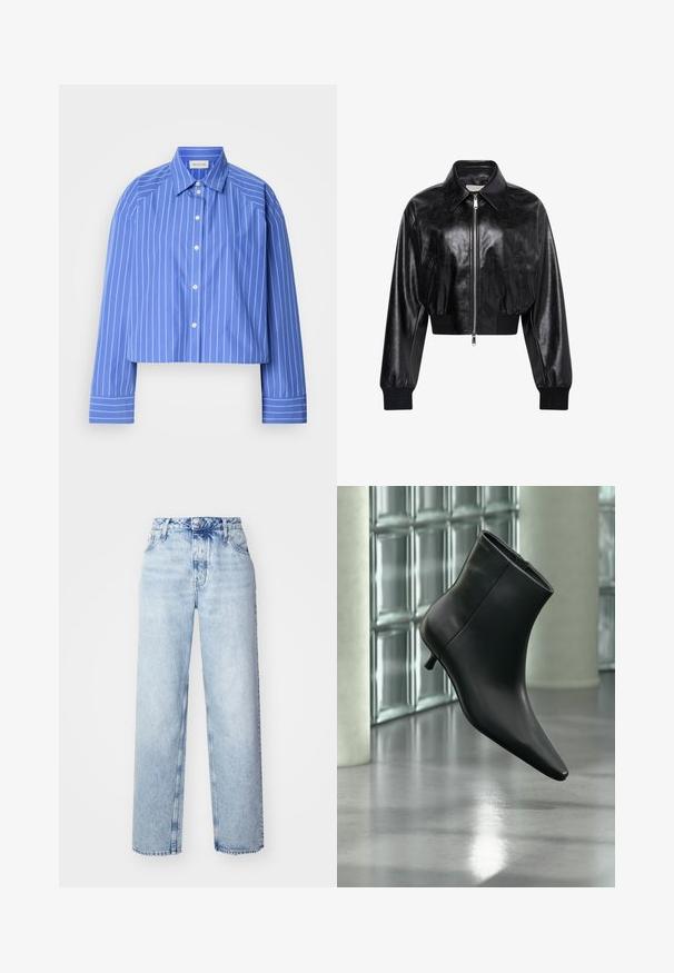 Zwart glanzend cropped bomberjack met volledige voorrits, twee zijzakken, brede kraag en geribde manchetten en tailleband.; Geknipte blauwe shirt met verticale witte strepen, klassieke kraag, lange mouwen en knoopsluiting; gemaakt van een soepele, lichte stof.; Lichtblauwe high-waisted jeans met een losse pasvorm, met rechte pijpen, vijf zakken en een klassieke knoop- en ritssluiting.; Zwarte leren enkellaars met spits toelopende neus en lage kittenhak, schuin weergegeven tegen een gepolijste vloer en een glazen blokken muur als achtergrond.