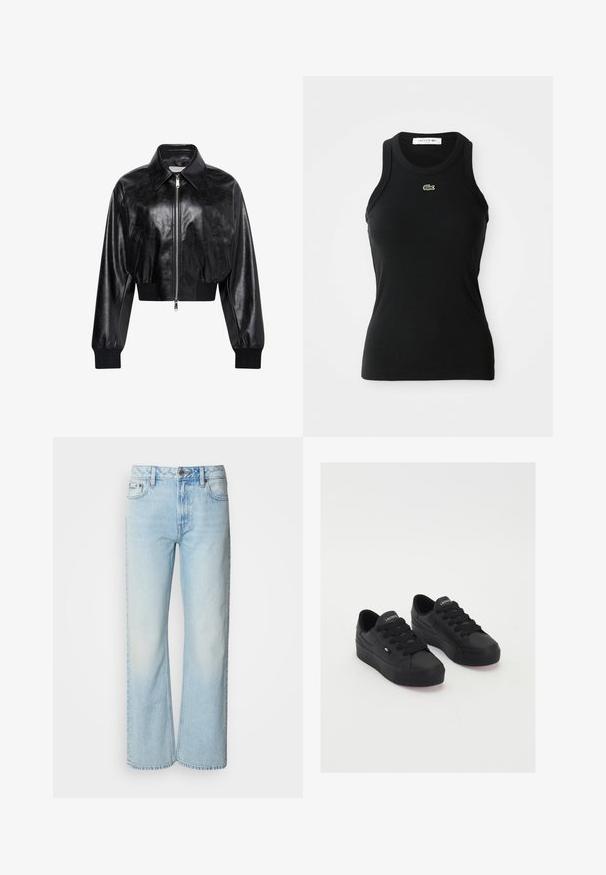 Veste bomber courte noire brillante avec fermeture éclair intégrale à l'avant, deux poches latérales, large col et poignets et ceinture côtelés.; Débardeur noir à côtes sans manches avec un col rond et un petit logo crocodile vert Lacoste centré sous l'encolure.; Jeans à jambes larges bleu clair en denim, présentant un design classique à cinq poches et une texture légèrement décolorée. La couture en denim est visible.; Baskets basses noires en matériau lisse, avec des lacets épais, une semelle texturée et un petit logo sur le côté et la languette.