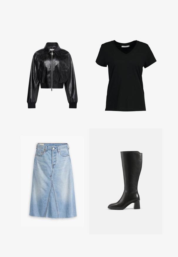 Schwarze glänzende kurze Bomberjacke mit durchgehendem Frontreißverschluss, zwei Seitentaschen, breitem Kragen sowie gerippten Bündchen und Bund.; Schwarzes V-Ausschnitt-T-Shirt aus Baumwolle. Kurze Ärmel, klassischer Schnitt, glatte Textur und keine sichtbaren Muster oder Verzierungen.; Hellblaues Jeansrock mit geradem Schnitt, vorderem Schlitzdetail, fransigem Saum, Fünf-Taschen-Design und metallenen Hardware-Akzenten.; Schwarzer kniehoher Lederstiefel mit Blockabsatz und abgerundetem Zeh, seitlich auf einem schlichten Hintergrund gezeigt.