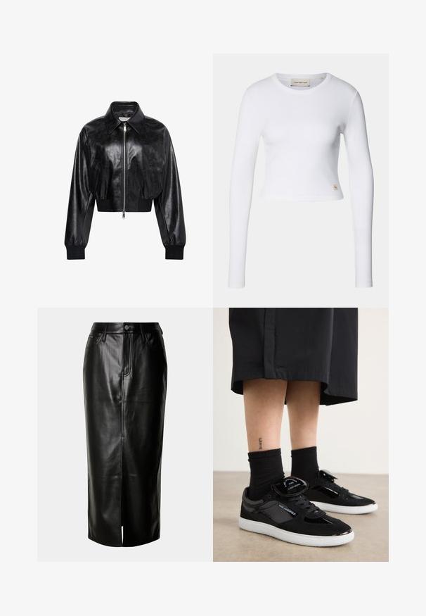 Chaqueta bomber corta negra brillante con cremallera completa en el frente, dos bolsillos laterales, cuello ancho y puños y cintura de punto elástico.; Top corto de manga larga blanco hecho de tela acanalada. Presenta un escote redondo y una pequeña etiqueta de logo en la parte inferior izquierda.; Falda midi de cuero negro con corte recto, abertura frontal y diseño clásico de cinco bolsillos con acentos de hardware metálico.; Zapatillas negras con materiales de ante y charol, con una suela blanca, diseño de cordones y un acento de lengua de marca.