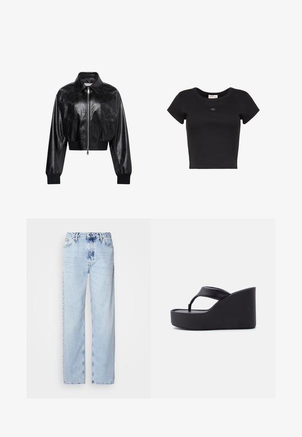 Μαύρο λαμπερό cropped bomber μπουφάν με ολόκληρο μπροστινό φερμουάρ, δύο πλαϊνές τσέπες, φαρδύ γιακά και ριμπ μανσέτες και ζώνη στη μέση.; Μαύρο, κοντομάνικο, cropped μπλουζάκι με ριγέ υφή, στρογγυλή λαιμόκοψη και μικρό λογότυπο Calvin Klein στο κέντρο του στήθους.; Ανοιχτό μπλε παντελόνια με φαρδύ καβάλι από τζην, με υψηλή μέση, ξεθωριασμένο πλύσιμο και διακριτό σχέδιο tie-dye μπροστά.; Μαύρο πλατφόρμα γυναικείο σανδάλι με φαρδιά λουρίδα και ανυψωμένη σόλα, σχεδιασμένο για καθημερινή χρήση.